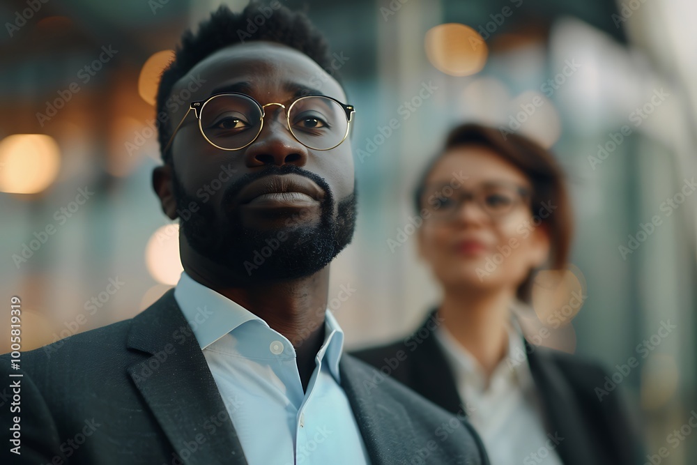 Fototapeta premium A confident professional wearing glasses stands in focus, with a smiling colleague blurred in the background, suggesting teamwork in a corporate setting.