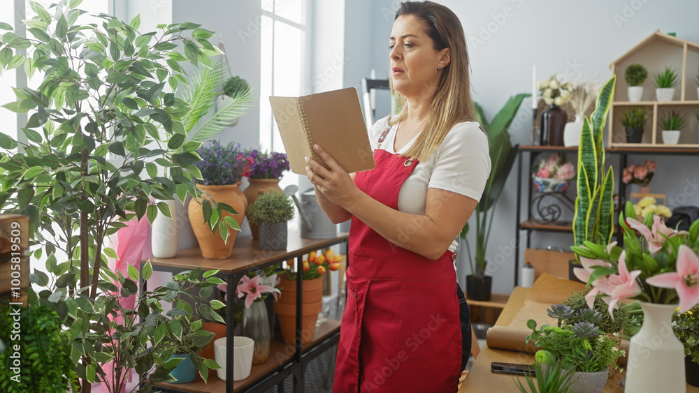 Hispanic woman wearing an apron reads a notebook in a plant-filled interior room.