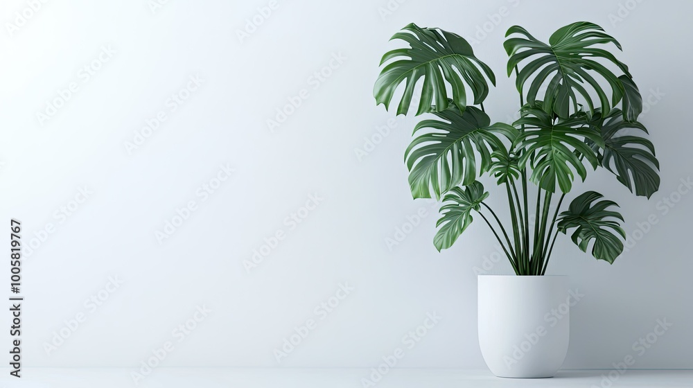 Minimalist Monstera deliciosa in a white pot, standing against a crisp, white backdrop. The large, tropical leaves add a fresh and modern touch to the clean scene. Minimalist Monstera deliciosa in a white pot, standing against a crisp, white backdrop. The large, tropical leaves add a fresh and modern touch to the clean scene.