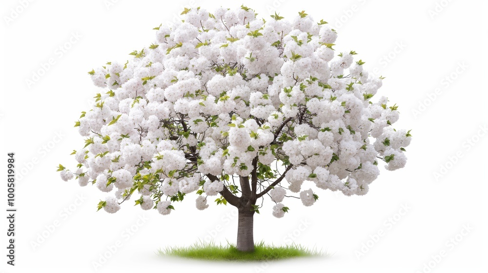 Obraz premium Large white tree with green leaves. The tree is the main focus of the image. The white color of the tree and the green leaves create a sense of freshness and purity