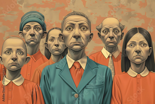 A surreal, stylized family portrait featuring individuals with exaggerated facial features, capturing a whimsical and eccentric expression in a unique artistic style.