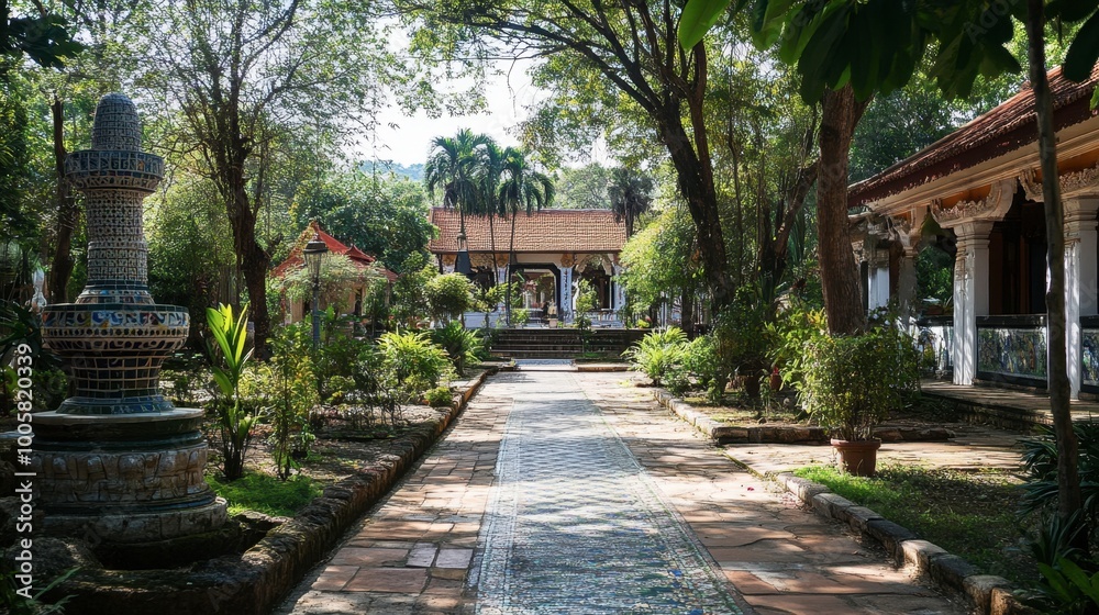 The beautifully maintained grounds of Wat Phayap, famous for its intricate mosaic interior. The beautifully maintained grounds of Wat Phayap, famous for its intricate mosaic interior.
