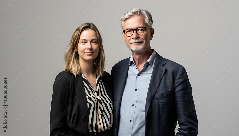 A professional portrait of a man and woman standing together, both dressed in stylish attire, against a neutral background. A professional portrait of a man and woman standing together, both dressed in stylish attire, against a neutral background.