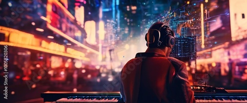 A music producer, wearing headphones, works at a digital keyboard in a vibrant futuristic cityscape. The glowing neon lights of the urban scene blend with the producer's creative energy.