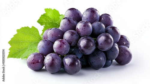 Fresh Bunch of Purple Grapes with Green Leaf Isolated on White Background photo