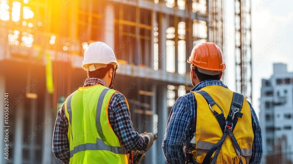 Two construction workers observe a building site at sunset. Two construction workers observe a building site at sunset.