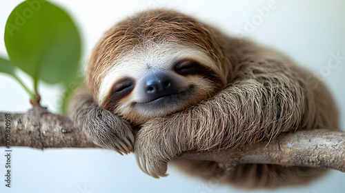 Adorable sloth sleeping peacefully and securely on a tree branch in a lush,green tropical jungle environment. The slow-moving,furry mammal is known for its relaxed. photo