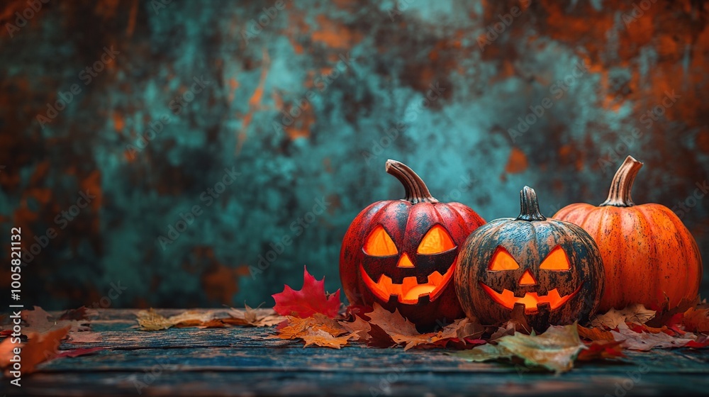Halloween pumpkins on the autumn leaves background. Halloween concept. Halloween pumpkins on the autumn leaves background. Halloween concept.