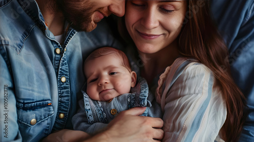 New parents cradle their precious newborn, gazing lovingly at their adorable bundle of joy. photo