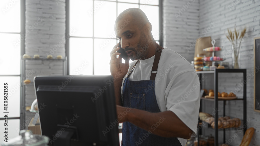 Fototapeta premium Young man working in bakery shop while talking on phone and using register indoors with shelves of bread behind