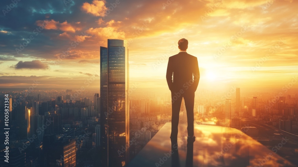 Businessman on Rooftop Looking at City Skyline at Sunset. Businessman on Rooftop Looking at City Skyline at Sunset.