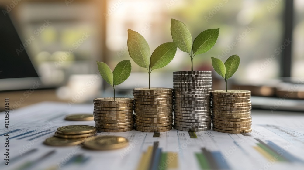 Growing Money and Investment Concept with Plants on Coin Stacks. Growing Money and Investment Concept with Plants on Coin Stacks.