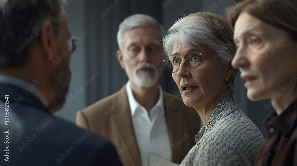 A group of four people engaged in a serious conversation, showcasing diverse expressions and interpersonal dynamics in a professional setting. A group of four people engaged in a serious conversation, showcasing diverse expressions and interpersonal dynamics in a professional setting.