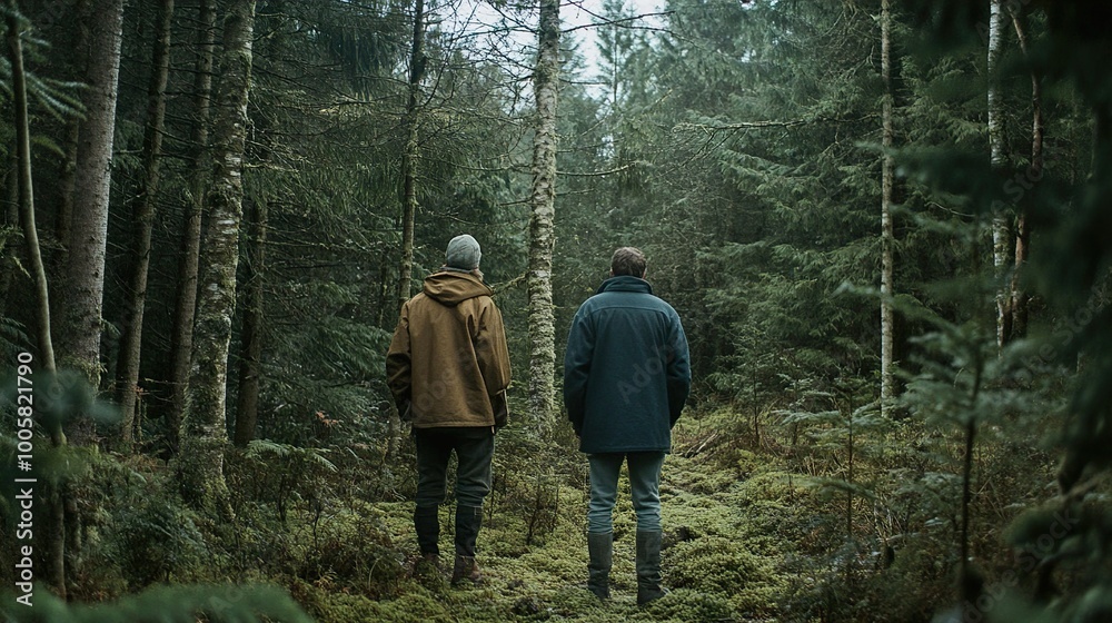 Fototapeta premium Two Figures Hike Through a Misty Forest