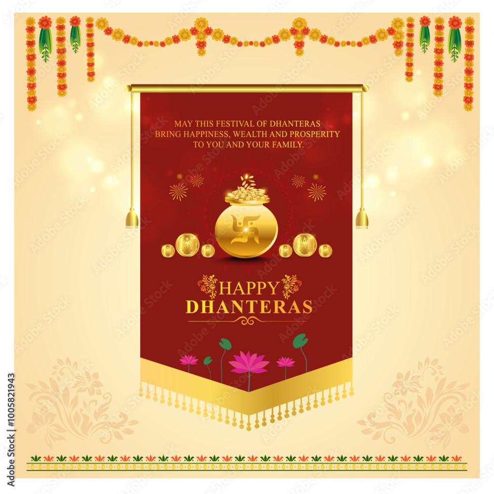 Obraz premium Happy Dhanteras Social Media Template. India, Diwali, Gold, Goddess Lakshmi Devi. Traditional Festival Template