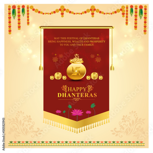 Happy Dhanteras Social Media Template. India, Diwali, Gold, Goddess Lakshmi Devi. Traditional Festival Template