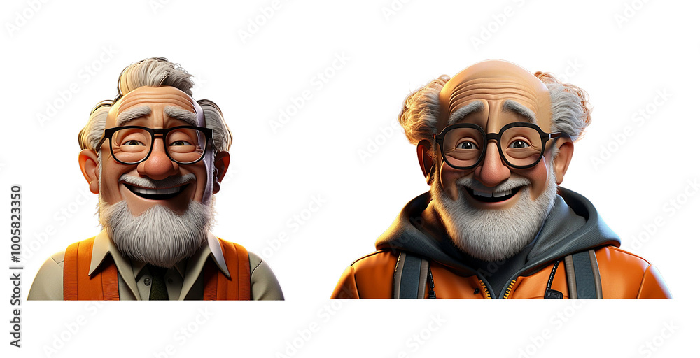 Fototapeta premium A bald old man 3d character with white beard and eyeglasses is smiling and expressing happiness on transparent background.