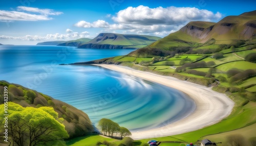 Serene Trefor Beach in Wales on a sunny spring day, featuring a secluded sandy bay, peaceful countryside, and a lone fishing boat against a clear blue sky. photo