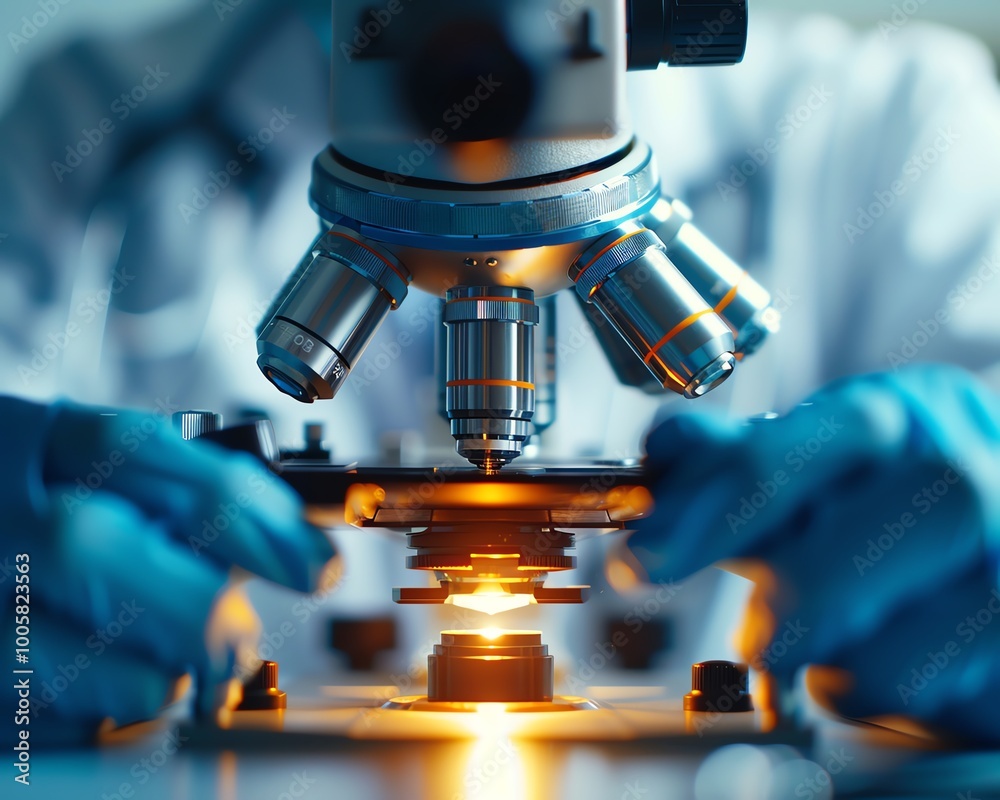 Scientist using a microscope in a lab. Scientist using a microscope in a lab.