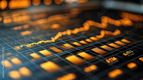 Close-up of financial graphs showing rising stock prices and market trends