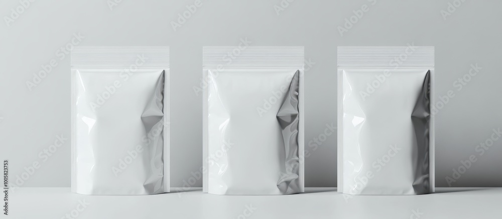 Minimalist White Packaging Pouches on a Clean Background for Product Mockups and Branding Minimalist White Packaging Pouches on a Clean Background for Product Mockups and Branding
