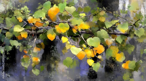 Autumn Leaves Abstract Painting   Green  Yellow  and Gray photo