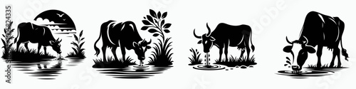 A collection of stylized black-and-white cows grazing near water, surrounded by natural elements like plants and a serene landscape.