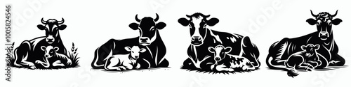 Four artistic silhouettes of cows and calves resting, showcasing a pastoral setting and emphasizing farm life.