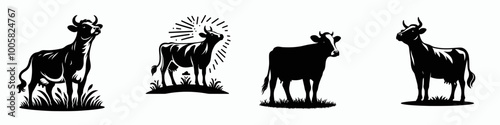 A series of vintage-style illustrations depicting cows in various poses, emphasizing their silhouette against a simple backdrop.