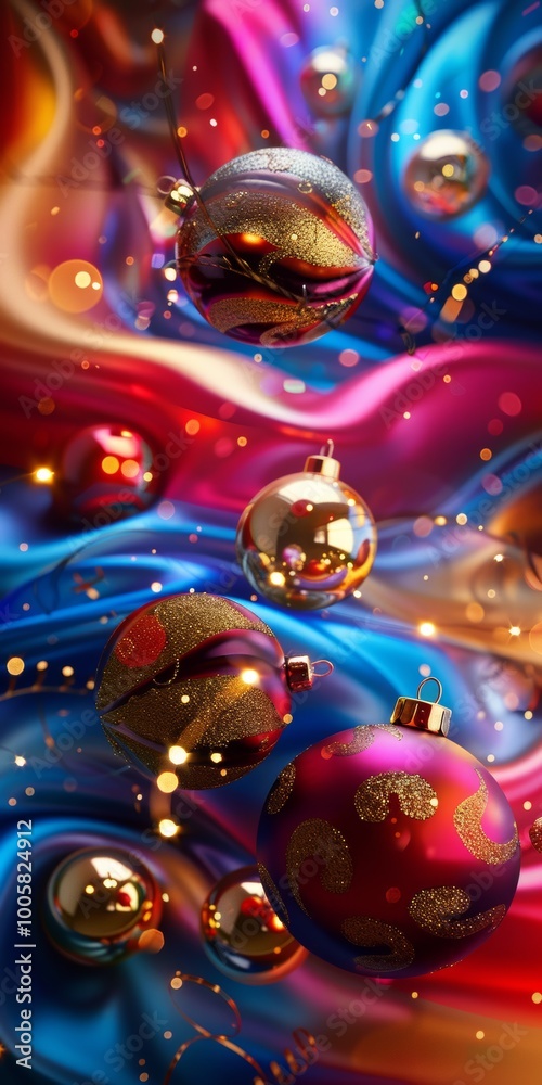 A colorful Christmas scene with gold and red ornaments A colorful Christmas scene with gold and red ornaments