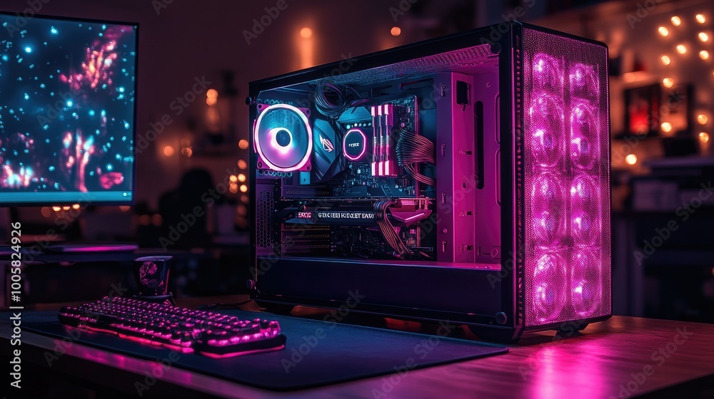 High-end gaming PC with RGB lighting and visible electronic components High-end gaming PC with RGB lighting and visible electronic components