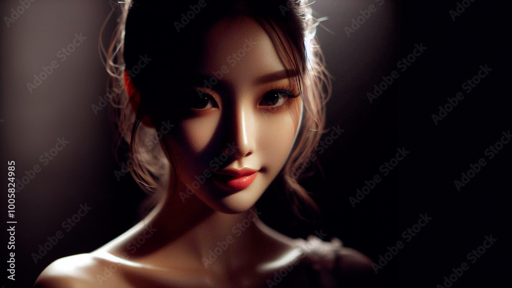 Naklejka premium A mesmerizing chiaroscuro portrait of a charming ballerina, her face illuminated by soft, diffused light revealing the intricate details of her features.