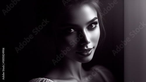 A mesmerizing chiaroscuro portrait of a charming ballerina, her face illuminated by soft, diffused light revealing the intricate details of her features.