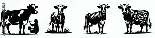 Four stylized cows in black and white, showcasing a milking scene and different cow poses, emphasizing dairy farming and livestock.