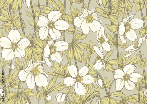 Wallpaper Mural Forest Anemone flowers, decorative flowers and leaves Seamless pattern, background. Vector illustration. In botanical style Torontodigital.ca