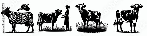 A silhouette illustration featuring four cows, each with distinct designs and a farmer interacting with one of them.