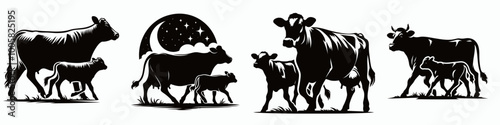 The image features a series of silhouettes depicting cows and calves against a moonlit backdrop.