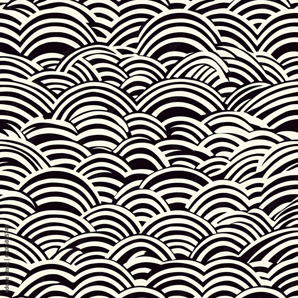 Seigaiha seamless pattern with bold, modern wave designs in contrasting black and white Seigaiha seamless pattern with bold, modern wave designs in contrasting black and white