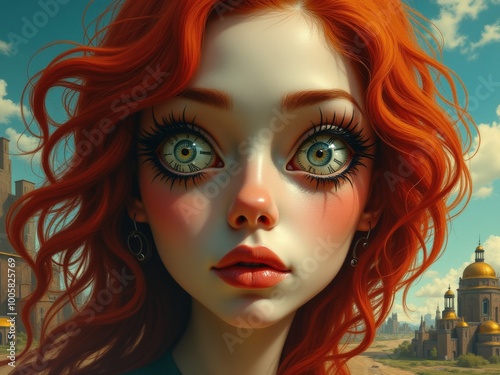 A captivating young woman with red hair gazes thoughtfully into the distance