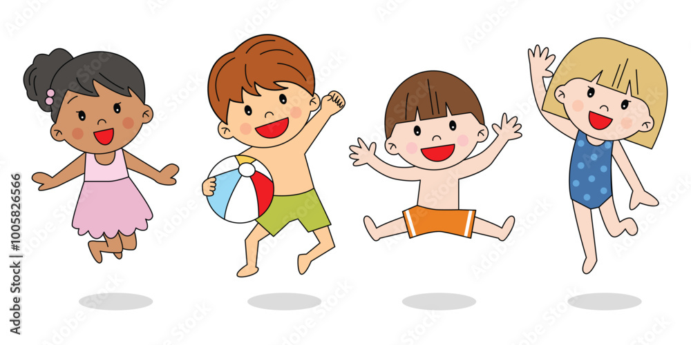 ChlIdren jumping in bathing suit holiday summer vacation beach swimming pool swimwear happy and smiling in different races cute kawaii illustration japanese cartoon style drawing decorative isolated ChlIdren jumping in bathing suit holiday summer vacation beach swimming pool swimwear happy and smiling in different races cute kawaii illustration japanese cartoon style drawing decorative isolated