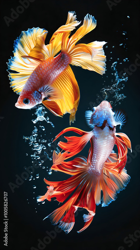 The cute thai fighting fish in water, showcasing its vibrant orange color and elegant fins, perfect for an aquarium-themed illustration. photo