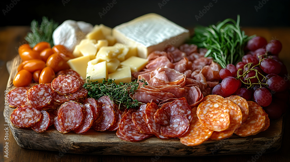 Beautifully Arranged Charcuterie Board Featuring a Variety of Artisanal Meats,Cheeses,Grapes,Tomatoes,and Fresh Herbs - A Delightful Appetizer or Picnic Spread. Beautifully Arranged Charcuterie Board Featuring a Variety of Artisanal Meats,Cheeses,Grapes,Tomatoes,and Fresh Herbs - A Delightful Appetizer or Picnic Spread.