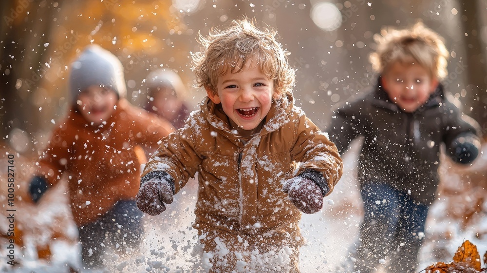 Children joyfully playing in the snow, capturing a moment of fun and laughter. Children joyfully playing in the snow, capturing a moment of fun and laughter.