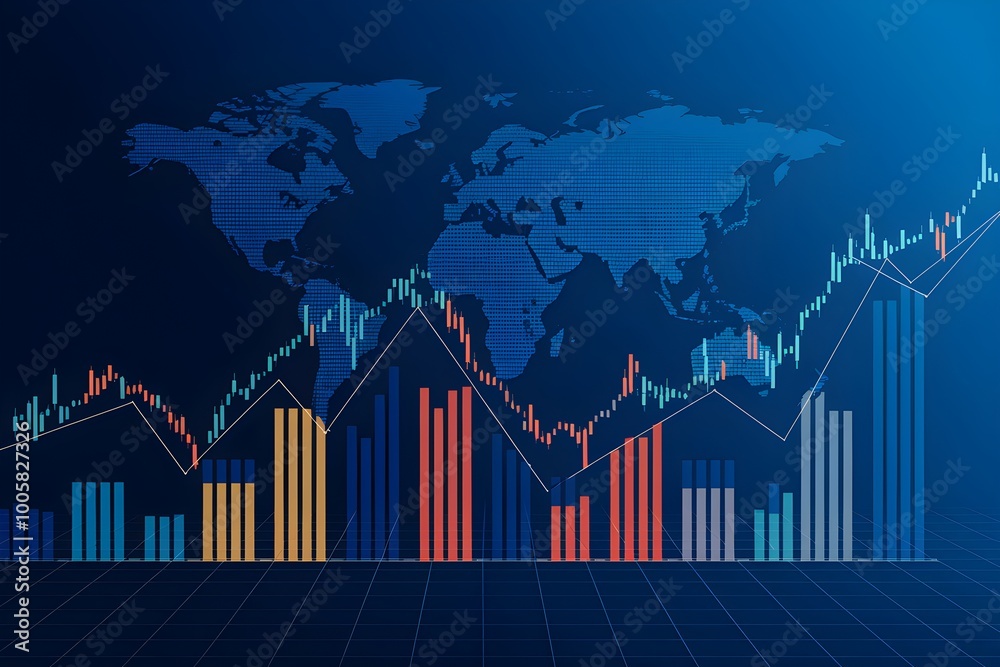 Stock data line graphs on blue backdrop with world map design Stock data line graphs on blue backdrop with world map design