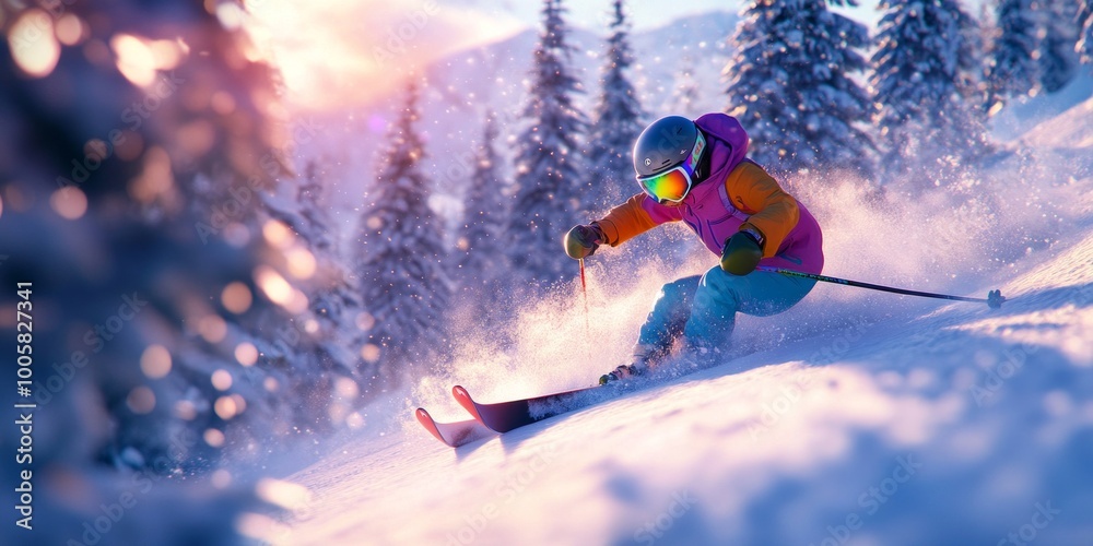 A skier glides down a snowy slope, surrounded by tall trees and a stunning sunset. The bright colors of the outfit contrast beautifully with the white snow. A skier glides down a snowy slope, surrounded by tall trees and a stunning sunset. The bright colors of the outfit contrast beautifully with the white snow.
