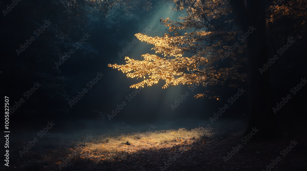 A tree with leaves that are glowing in the sunlight. The image has a peaceful and serene mood A tree with leaves that are glowing in the sunlight. The image has a peaceful and serene mood