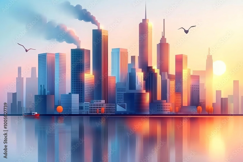 Colorful city skyline at sunset with reflections and birds flying above. Colorful city skyline at sunset with reflections and birds flying above.