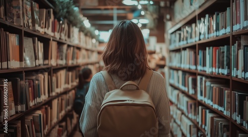 Casual Woman Walking Through Spacious Library Aisle with Backpack, Warm Lighting and Minimalist Shelf Arrangement