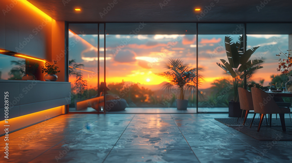 Fototapeta premium serene sunset view from modern living space, featuring large glass windows, vibrant plants, and warm lighting that creates cozy atmosphere