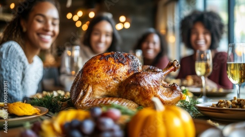 Roasted Turkey on a Table with Friends in the Background